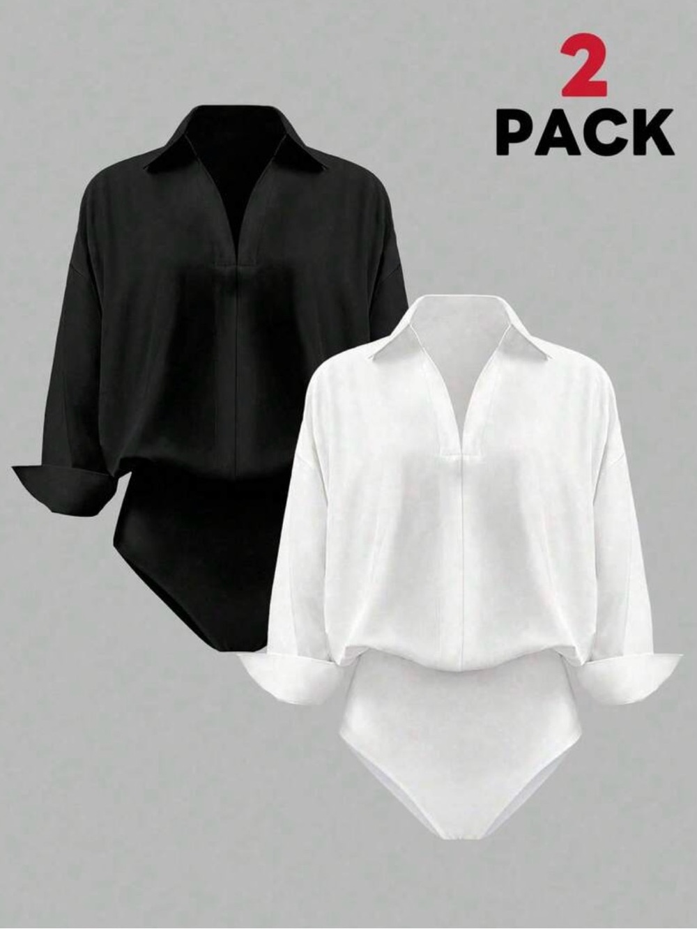 Women’s Collared V-Neck Bodysuit Top - Black & White 2-Pack